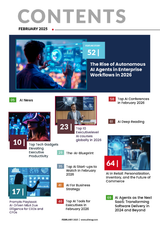 Cover page of Fireflies Ai Business February 2026 eMagazine featuring futuristic AI technology and business insights.