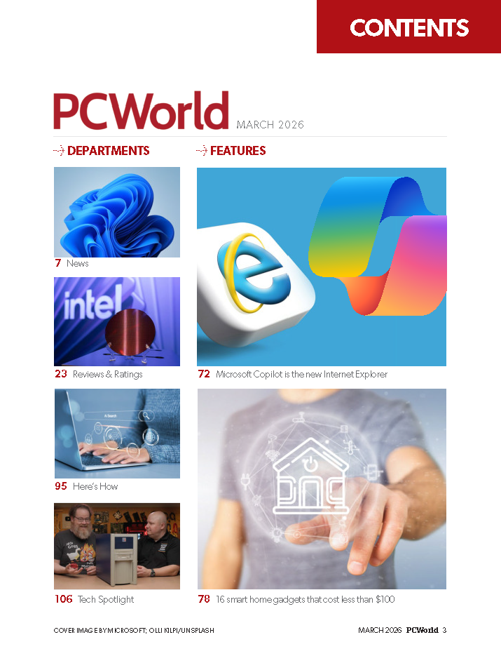 Fireflies PC World March 2026 eMagazine cover page featuring technology articles and digital magazine layout.