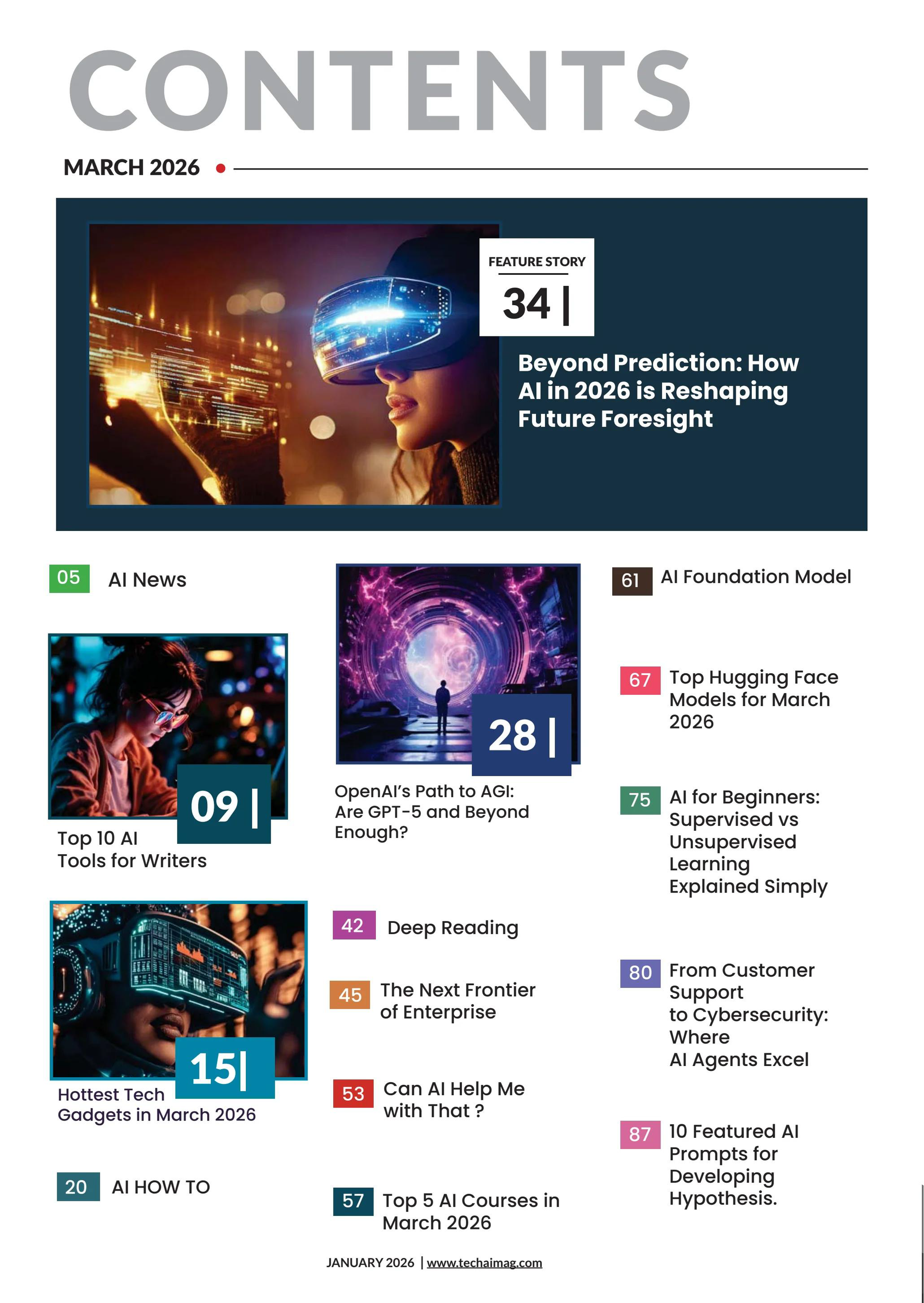 Cover of Fireflies Tech AI March 2026 eMagazine featuring futuristic technology illustrations and article highlights on AI innovations.