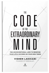 Ebook cover of "The Code of the Extraordinary Mind" by Vishen Lakhiani, published by Fireflies, featuring vibrant and modern design.