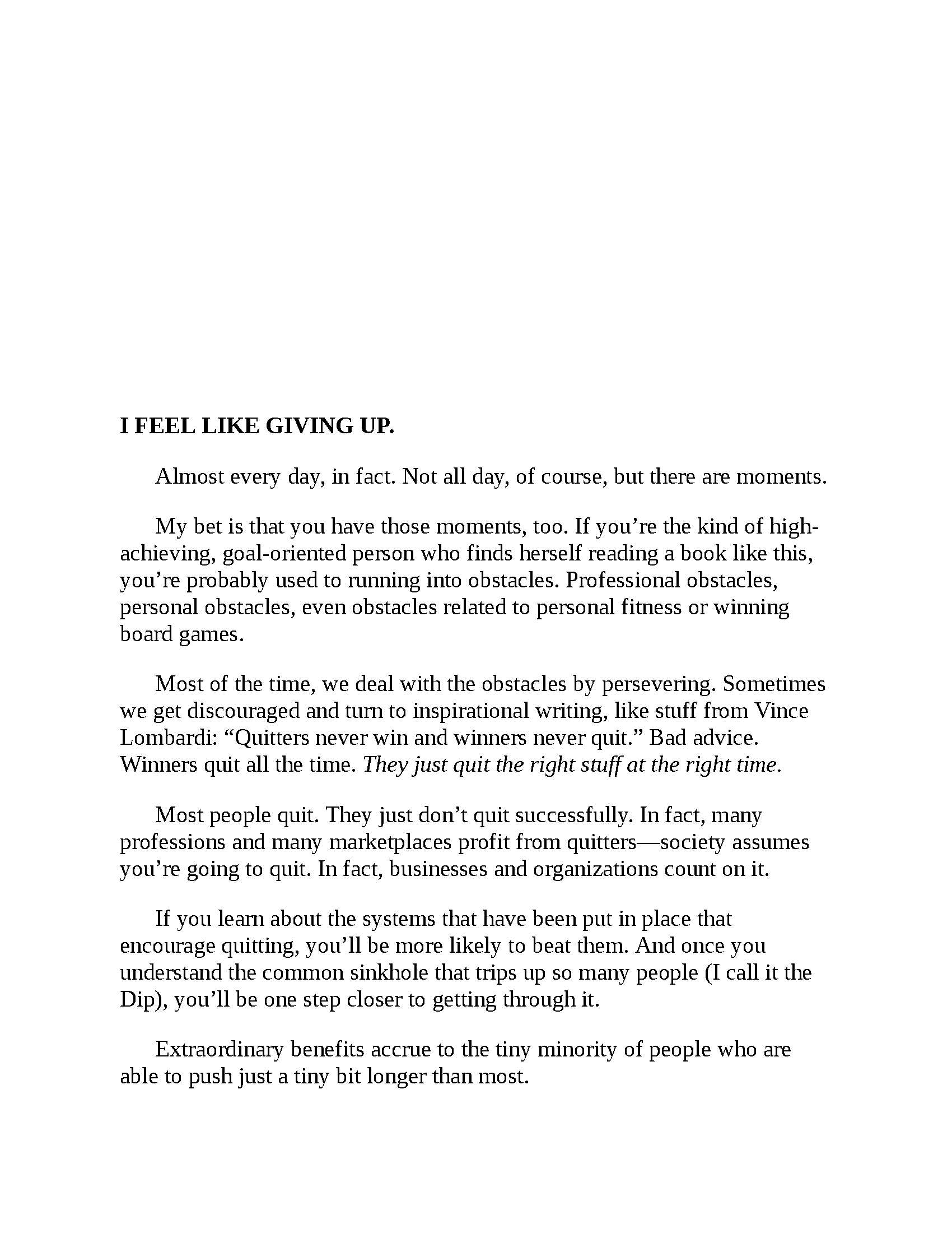 Page from Fireflies' ebook "The Dip" by Seth Godin, showing highlighted text and diagrams on a clean white background.
