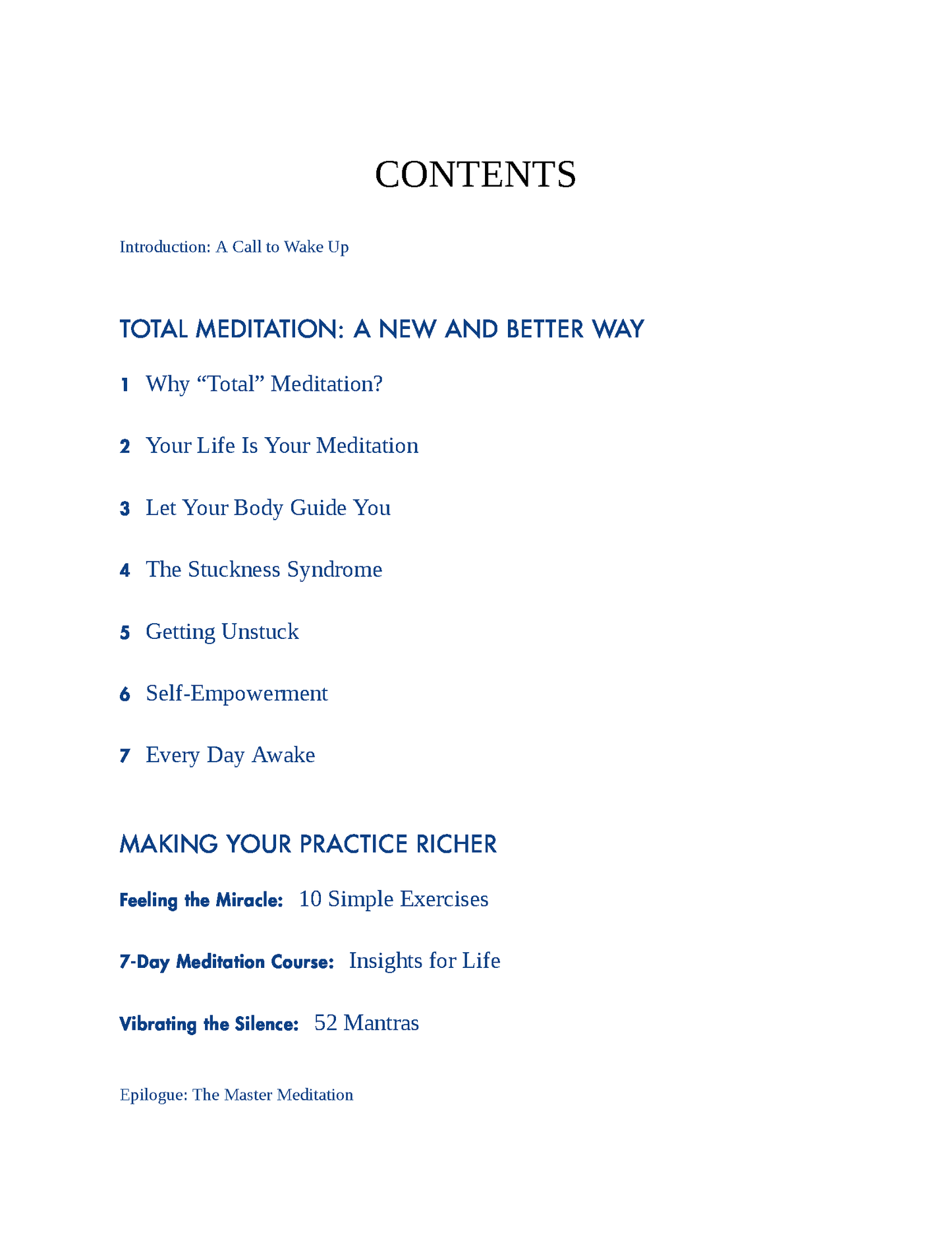 Page from Fireflies Total Meditation ebook showing stress-free living tips by Deepak Chopra.